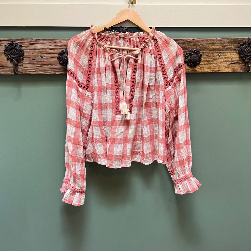 Free People Pink‎ Gingham Eyelet Peasant Blouse Tassel Tie Top Womens XS